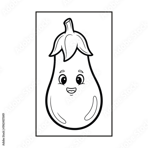 A charming illustration of a smiling eggplant character with a cute expressive face