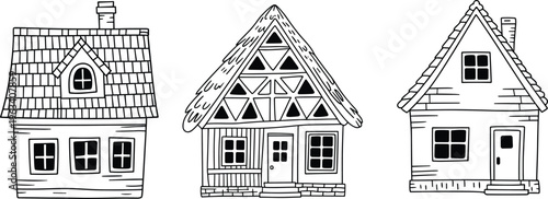 Three Houses Line Art Illustration Set, Cottage and Timber Frame House Vector Drawings, Home Architecture Black and White Icons