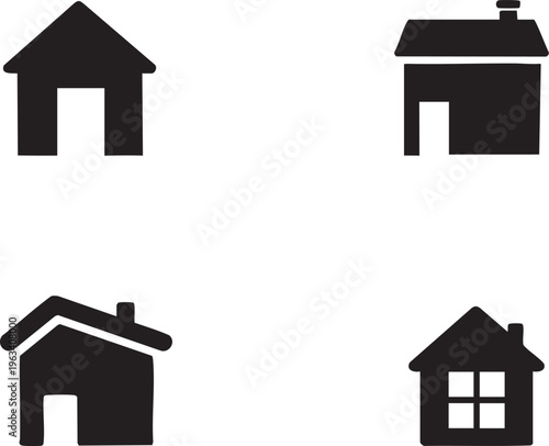 Collection of simple house icons representing different architectural styles for real estate or home services isolated on white background