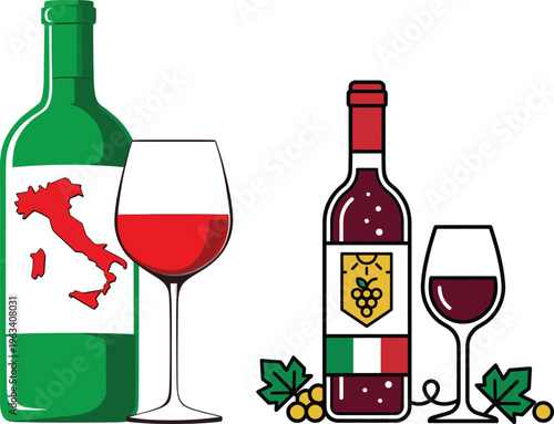 Italian Wine Bottle and Glass Vector IconItalian Wine Bottle and Glass Vector Icon