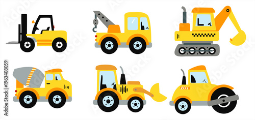 Set of heavy construction vehicle icons: forklift, crane, excavator, mixer, bulldozer, and roller. Vector flat illustration.
