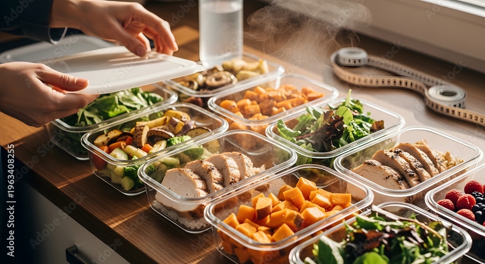 Obraz premium Prepared meal prep containers filled with colorful healthy food are being arranged high quality professional detailed modern elegant stylish clean crisp vibrant digital creative innovative
