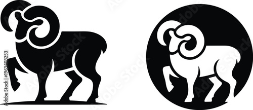 Black and White Ram Silhouette Set, Big Horn Sheep Vector Illustration, Zodiac Aries Symbol Icon, Animal Logo Design