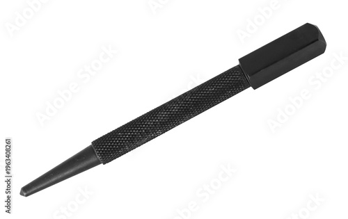 A black metal tool Kerner with a pointed end is shown. The tool has a knurled grip for better handling. It is often used in metalworking or crafting tasks. White background