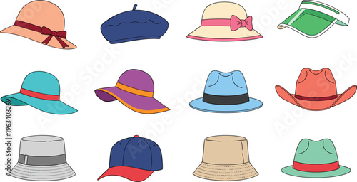 Large collection of colorful hats vector illustration including sun hats baseball cap cowboy hat beret bucket hat and visor isolated on white background,
