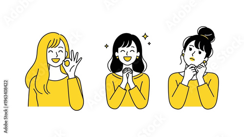 women emotions diverse expressions in vector flat design illustration showing approval joy and thoughtful human feelings on white.