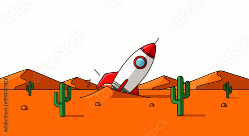 a cartoon rocket spaceship crash landing in a vast desert landscape with sand dunes and green cacti depicting a failed mission or emergency