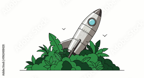 a cartoon rocket spaceship crash landed in a vibrant green jungle representing unexpected adventure and exploration.