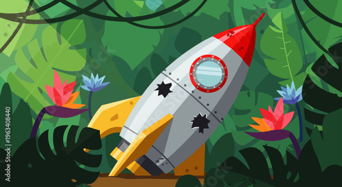a cartoon rocket spaceship has crash-landed in a vibrant tropical jungle evoking themes of sci-fi adventure and playful discovery.