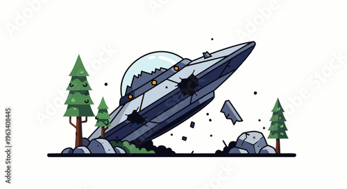 a cartoon ufo crash scene a damaged alien spaceship stuck in a forest among trees and rocks.