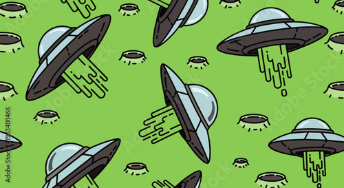 a cartoon ufo seamless pattern showing alien flying saucers zipping over a green crater-filled planet surface perfect for sci-fi themes and digital art.
