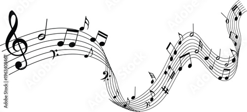 Abstract musical notes wavy stave vector illustration with black clef and melody symbols isolated on white background for concert posters and creative sound design,