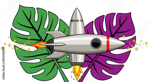 a colorful rocket blasting off between vibrant tropical leaves symbolizing exciting summer travel and innovative journeys