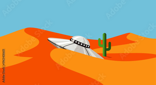 a crashed ufo flying saucer buried in desert sand dunes with a saguaro cactus under a clear blue sky