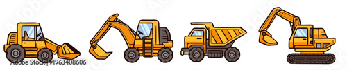 Heavy construction machinery set. Flat vector illustration of excavator, dump truck, and loader for industrial and building design.