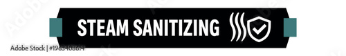 Horizontal black ribbon banner reading "steam sanitizing" with steam lines and shield icon, teal end tabs, meant for service labels, websites, or promotional banners.