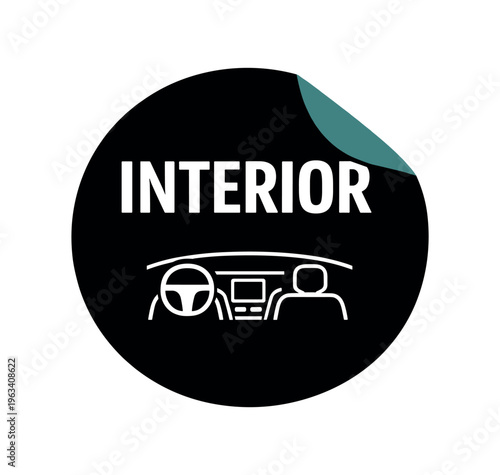 Black circular sticker with a curled corner, large "interior" text and white line-drawing of a steering wheel, dashboard, and seat, for vehicle feature labeling.