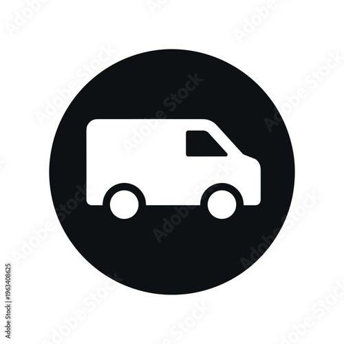White cargo van silhouette inside a black circular badge, clean simple icon for delivery, courier, logistics, and transport app or wayfinding.