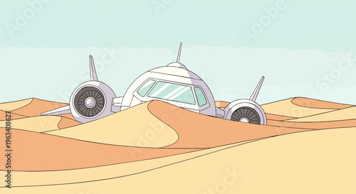 a crashed ufo spaceship buried in sand dunes of a desert landscape depicted in cartoon style for space exploration narratives.