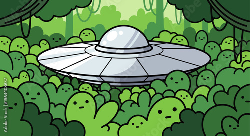 a cute cartoon ufo spaceship spotted by curious green alien creatures hiding in a vibrant jungle
