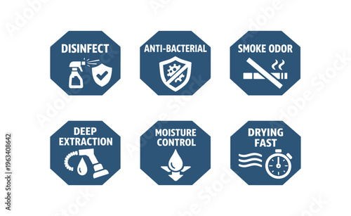 A set of six blue octagon icons for disinfection, antibacterial protection, smoke odor removal, deep extraction, moisture control, and fast drying.