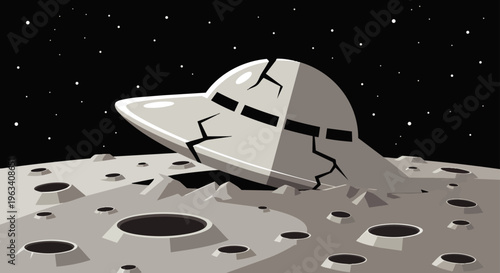 a crashed ufo spaceship wreck lies broken on the moon surface under a starry sky depicting an alien crash site or lunar exploration accident.