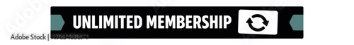 Black rectangular membership banner with teal end tabs, bold white text reading "unlimited membership" and a circular refresh/loop icon on the right