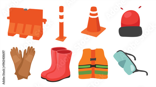 Personal protective equipment and road safety set with vest, boots, gloves, cone, and barrier in flat vector style.