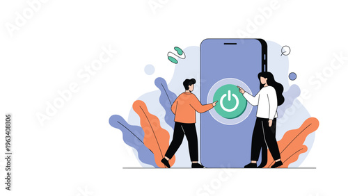 Two people activating a digital service by pressing a giant power button on a large smartphone screen illustration.