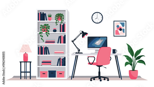 Clean and modern home office interior design with a desk computer chair bookshelf and plants for productivity.