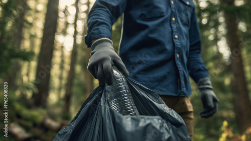 Man picking up plastic bottle in forest. Volunteer cleaning nature for Earth Day. Recycling concept, waste management, environmental protection and ecology preservation in woodland.