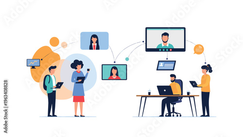 Global network of remote workers connected through video conferencing and laptops on a colorful abstract background.