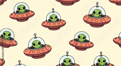 cute green alien in a ufo pattern with friendly cartoon flying saucers and smiling extraterrestrial characters for fun backgrounds.