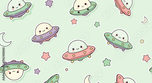 cute ufo pattern kawaii spaceship seamless background featuring cartoon alien faces with pastel colors stars and moons.