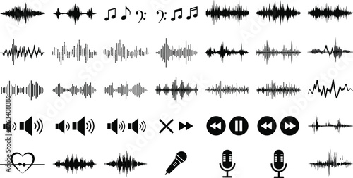 Audio Sound Wave Vector Set Featuring Music Equalizers Radio Frequency Waves Microphone Icons and Player Buttons for Podcast Recording and Studio