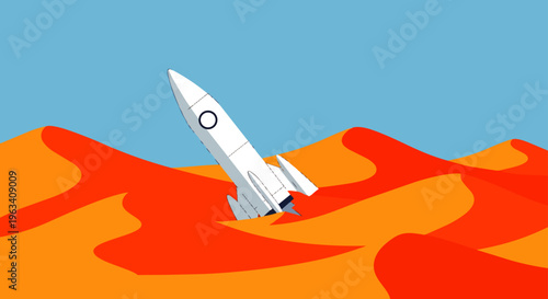 rocket spaceship crashed and half-buried in a vibrant red desert landscape with towering sand dunes under a clear blue sky.