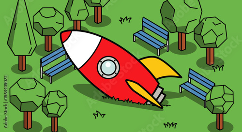 rocket spaceship crash in a cartoon green park with trees and benches depicting an unexpected landing or accident scene.