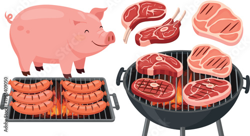 BBQ Meat Grilling with Sausages, Steaks, and Pig, Perfect for Food, Grill, and BBQ Illustrations