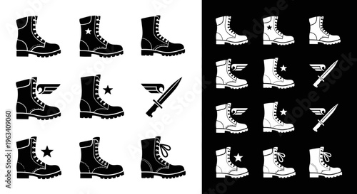 Military Boots and Dagger Icons Set