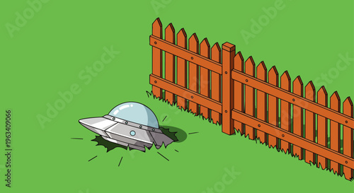 a cartoon ufo crash landing its flying saucer next to a picket fence on a green lawn depicting an unexpected alien spaceship incident.