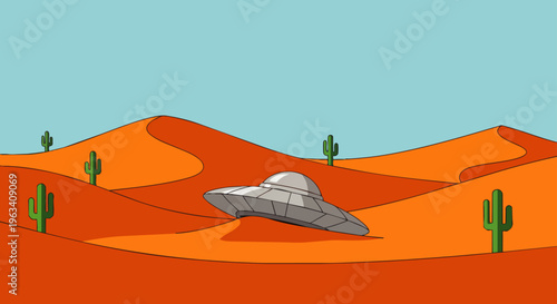a cartoon ufo crash lands in a vast desert landscape with saguaro cacti under a clear blue sky evoking mystery and alien presence.