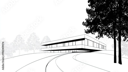 Modern, minimalist structure with surrounding landscape elements shown in a stark graphic style