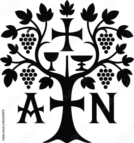 Christian faith tree silhouette with crosses, chalices, grapevine clusters, symbolic religious growth, communion, spirituality, and devotion