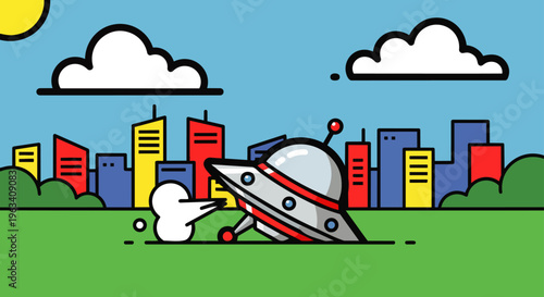 a cartoon ufo crash lands in a vibrant green field with a city skyline backdrop a playful alien invasion illustration.