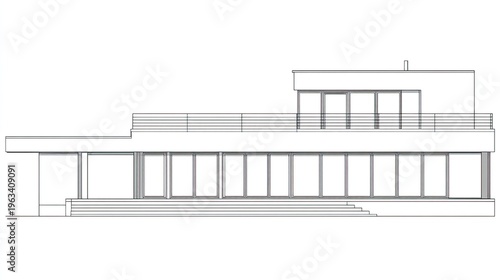 Architectural elevation drawing depicts a modern, multi-level residential structure with extensive glazing