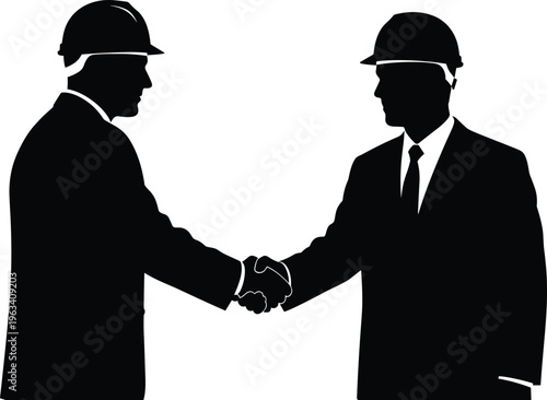 Professional Silhouette of Two Engineers in Business Suits and Hard Hats Shaking Hands Symbolizing Successful Construction Partnership and Industrial Agreement