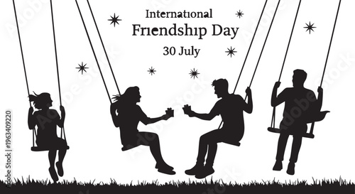 Silhouette Illustration of a Happy Father and Daughter Playing Together on Swings in a Park Over White Background