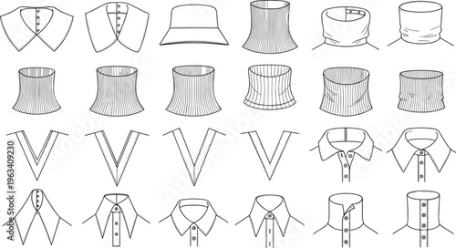 Set of fashion flat sketches featuring various shirt collar types, necklines, turtleneck styles, and garment neck details for apparel design templates.