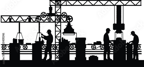 Silhouette of Workers on Industrial Assembly Line with Cranes and Machinery for Manufacturing Production Factory Operations and Warehouse Logistics Vector