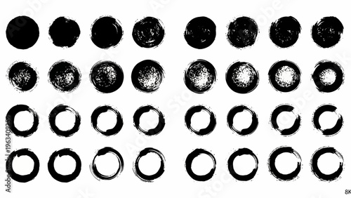 black brush stroke circles and enso symbols illustrating abstract paint textures on white ideal for minimalist graphic design elements and artistic projects.